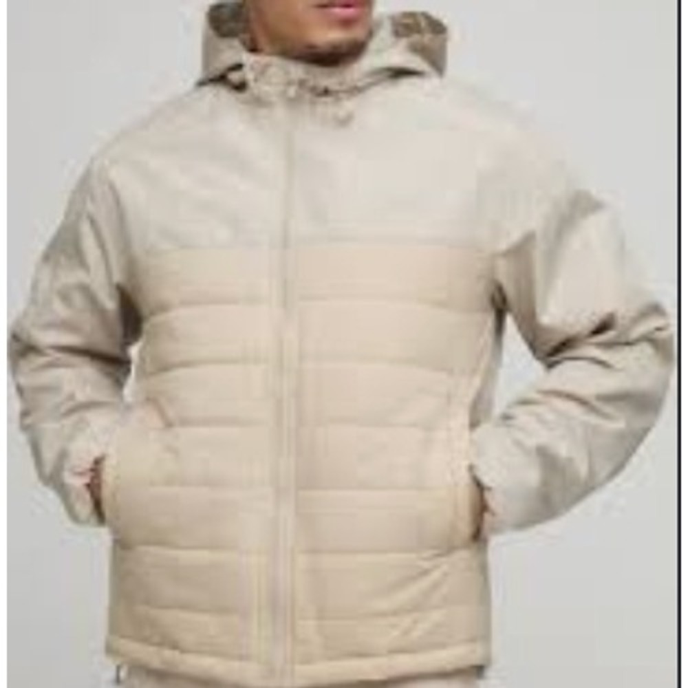 BoohooMAN Mens Tan Beige Hooded Puffer Jacket Size Large Full Zip Lightweight